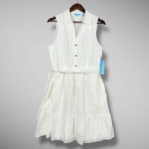 NWT Draper James RSVP White Eyelet Dress Button Front Sleeveless Ruffle Medium‎